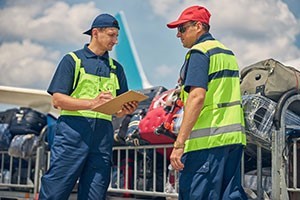 workers checking baggage about to go on an airplane